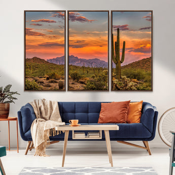 25332783-MGV-FC-48X32-3P_Walnut-Saguaro Cactus Wall Art Canvas Print, Framed Arizona Sunset Art Picture Print, Sonoran Desert Perfect Southwestern Boho Decor