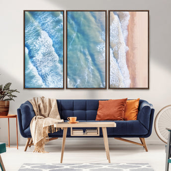 17641845-MGV-FC-48X32-3P_Walnut-Aerial Ocean Wall Art Canvas Print, Framed Blue Waves Art Picture Print, Sandy Shoreline Perfect Modern Coastal Decor Artwork