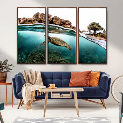 44200301-MGV-CV-36X24-Sea Turtle Swim Wall Art Canvas Print, Framed Ocean Life Art Picture Print, Tropical Shoreline Perfect Tropical Coastal Decor