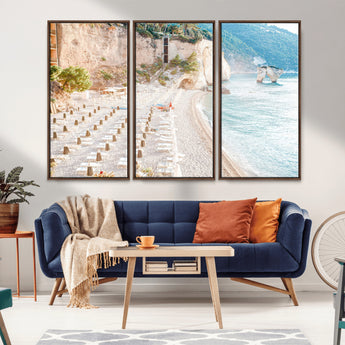 84816639-MGV-FC-48X32-3P_Walnut-Mediterranean Beach Wall Art Canvas Print, Framed Airy Coastal Art Picture Print, Summer Shore Perfect Coastal Retreat Decor