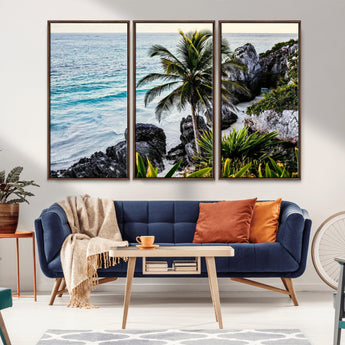 94669907-MGV-CV-36X24-Tropical Coastline Wall Art Canvas Print, Framed Palm Tree Art Picture Print, Rocky Beach Perfect Tropical Coastal Decor Artwork