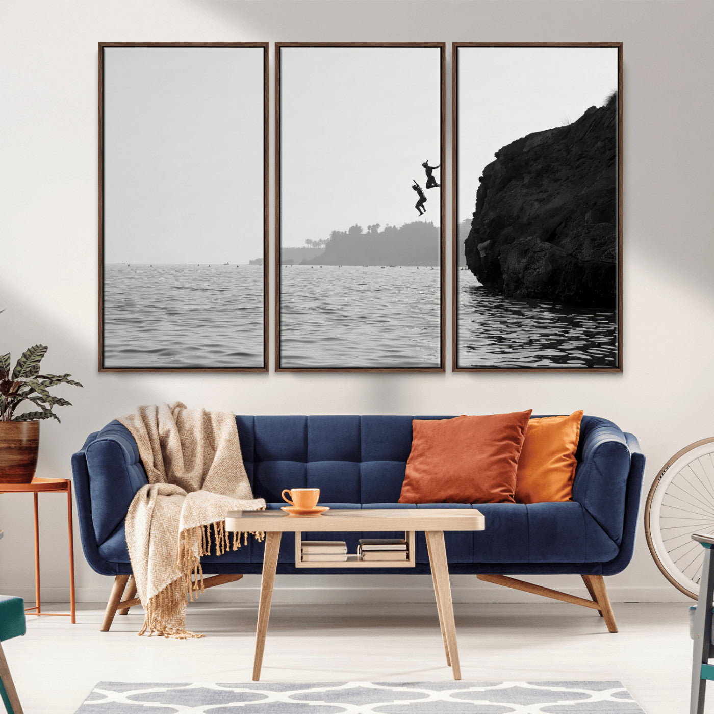 52284302-MGV-CV-36X24-Cliff Jumping Wall Art Canvas Print, Framed Ocean Adventure Art Picture Print, Black White Coast Perfect Modern Coastal Decor