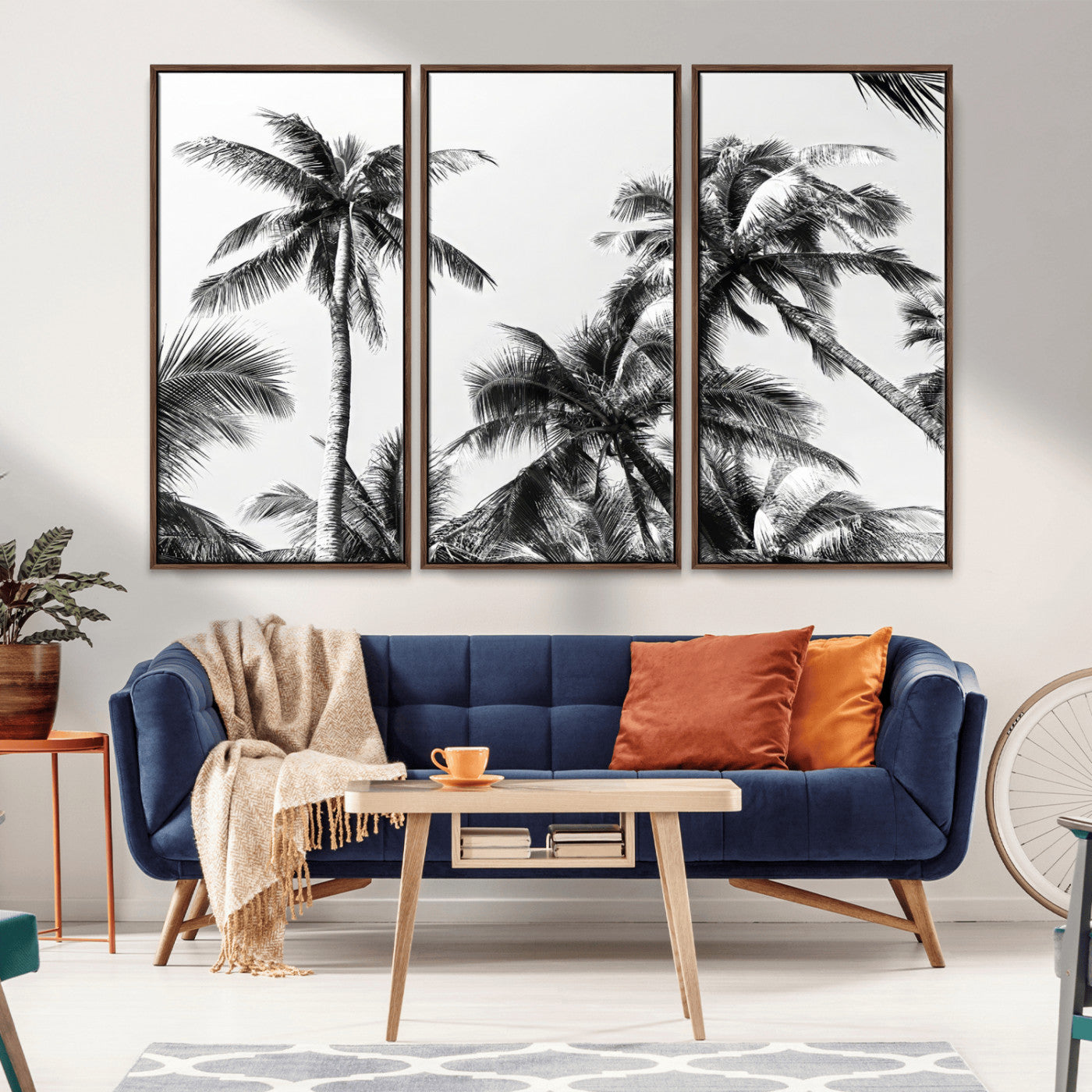 46641801-MGV-FC-48X32-3P_Walnut-Palm Tree Wall Art Canvas Print, Framed Black White Tropics Art Picture Print, Monochrome Palms Perfect Modern Tropical Minimalist