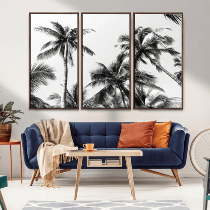 46641801-MGV-FC-48X32-3P_Walnut-Palm Tree Wall Art Canvas Print, Framed Black White Tropics Art Picture Print, Monochrome Palms Perfect Modern Tropical Minimalist