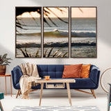 24896468-MGV-FC-48X32-3P_Walnut-Sunset Surf Wall Art Canvas Print, Framed Golden Waves Art Picture Print, Tropical Ocean Perfect Tropical Boho Decor Artwork