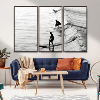19875284-MGV-FC-48X32-3P_Walnut-Surfer Waves Wall Art Canvas Print, Framed Black White Surf Art Picture Print, Monochrome Ocean Perfect Modern Coastal Decor