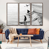 19875284-MGV-CV-36X24-Surfer Waves Wall Art Canvas Print, Framed Black White Surf Art Picture Print, Monochrome Ocean Perfect Modern Coastal Decor