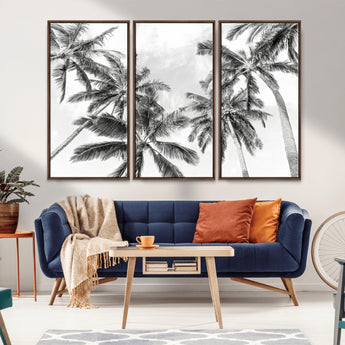 62113786-MGV-FC-48X32-3P_Walnut-Black White Palm Wall Art Canvas Print, Framed Monochrome Tropics Art Picture Print, Minimalist Beach Perfect Coastal Minimalist