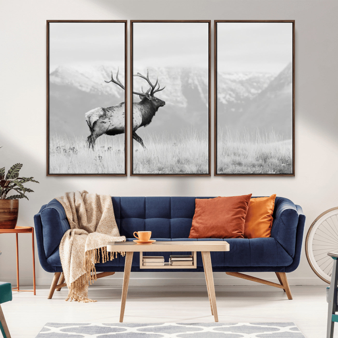 62278753-MGV-CV-36X24-Monochrome Elk Wall Art Canvas Print, Framed Mountain Wildlife Art Picture Print, Rustic Nature Perfect Rustic Minimalist Decor