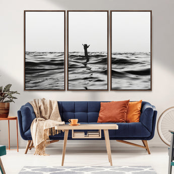 69541918-MGV-FC-48X32-3P_Walnut-Black White Ocean Wall Art Canvas Print, Framed Moody Seascape Art Picture Print, Surfer Sign Perfect Moody Minimalist Decor