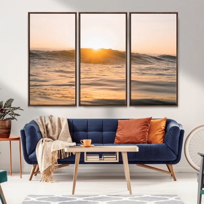 16973771-MGV-FC-48X32-3P_Walnut-Calm Water Wall Art Canvas Print, Framed Sunset Waves Art Picture Print, Coastal Warmth Perfect Warm Minimalist Decor Artwork