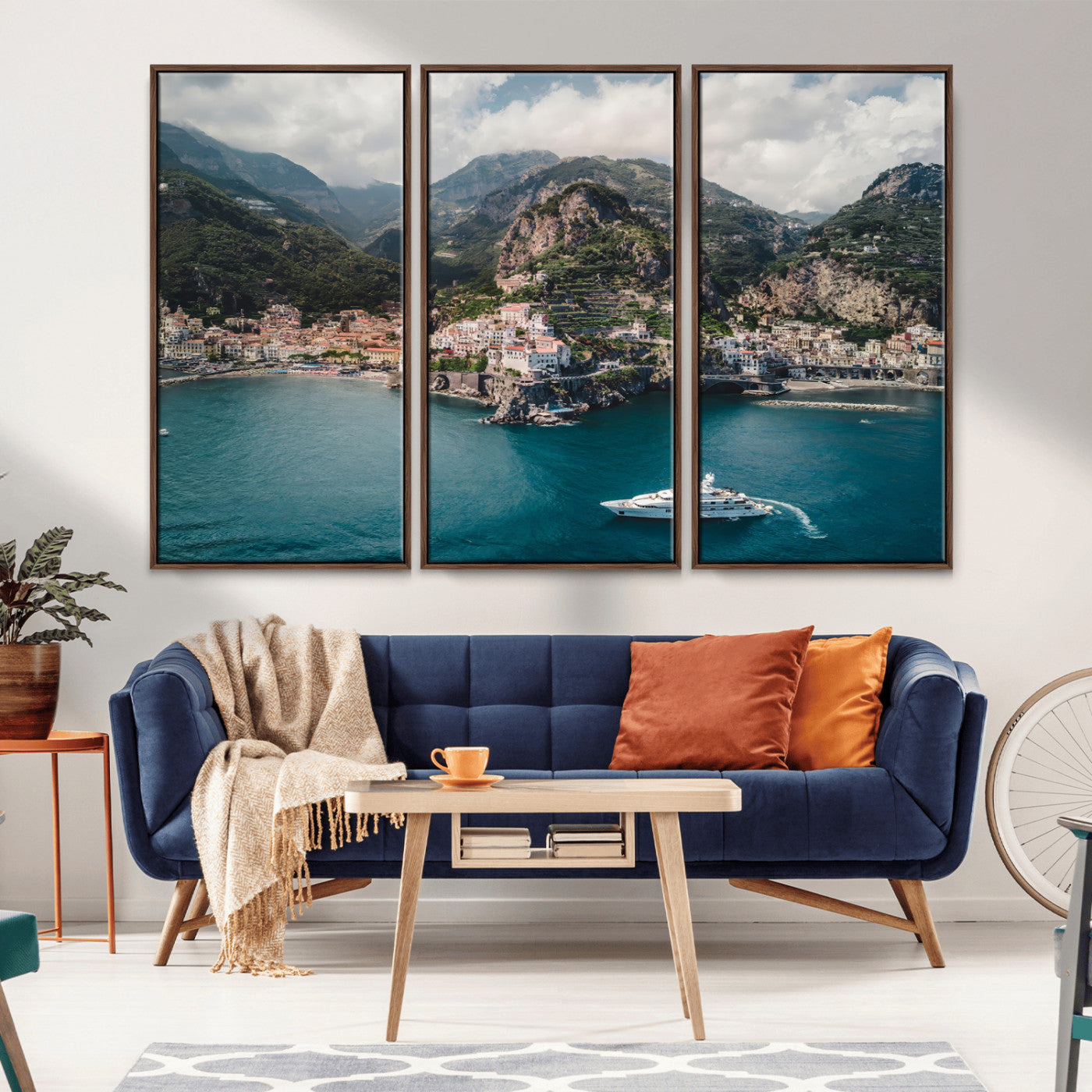 20321590-MGV-FC-48X32-3P_Walnut-Amalfi Coast Wall Art Canvas Print, Framed Italy Travel Art Picture Print, Mediterranean Landscape Perfect Mediterranean Coastal