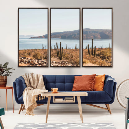 45193515-MGV-CV-36X24-Desert Cactus Wall Art Canvas Print, Framed Baja Coastline Art Picture Print, Coastal Desert Perfect Southwestern Minimalist Decor