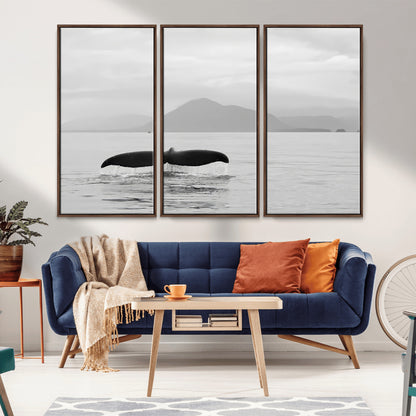 30524220-MGV-CV-36X24-Whale Tail Wall Art Canvas Print, Framed Black White Ocean Art Picture Print, Calm Marine Perfect Minimalist Coastal Decor Artwork