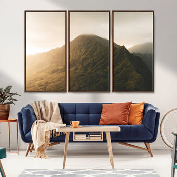 42338636-MGV-FC-48X32-3P_Walnut-Golden Mountain Wall Art Canvas Print, Framed Misty Summit Art Picture Print, Rugged Landscape Perfect Moody Wilderness Decor