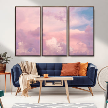 22874890-MGV-FC-48X32-3P_Walnut-Pastel Sky Wall Art Canvas Print, Framed Dreamy Cloudscape Art Picture Print, Sunset Glow Perfect Minimalist Serenity Decor