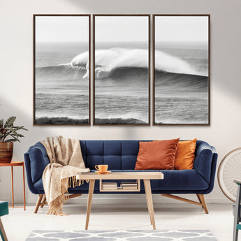 42544082-MGV-FC-48X32-3P_Walnut-Monochrome Seascape Wall Art Canvas Print, Framed Surf Wave Art Picture Print, Minimalist Ocean Perfect Moody Coastal Decor
