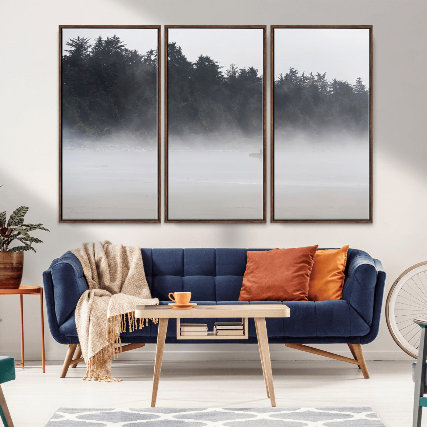 59703275-MGV-FC-48X32-3P_Walnut-Surfer in Fog Wall Art Canvas Print, Framed Foggy Beach Art Picture Print, Coastal Surf Perfect Moody Coastal Decor Artwork