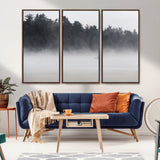 59703275-MGV-FC-48X32-3P_Walnut-Surfer in Fog Wall Art Canvas Print, Framed Foggy Beach Art Picture Print, Coastal Surf Perfect Moody Coastal Decor Artwork