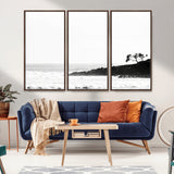 40875891-MGV-CV-36X24-SurferCliffs Wall Art Canvas Print, Framed Black White Beach Art Picture Print, Ocean Waves Perfect Minimalist Coastal Decor