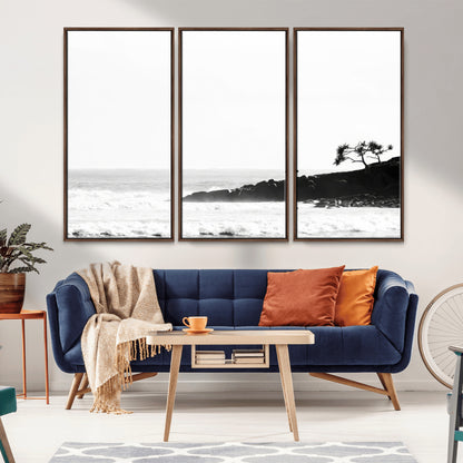 40875891-MGV-CV-36X24-SurferCliffs Wall Art Canvas Print, Framed Black White Beach Art Picture Print, Ocean Waves Perfect Minimalist Coastal Decor