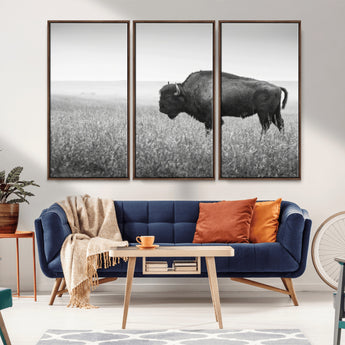28435251-MGV-FC-48X32-3P_Walnut-Bison In Prairie Wall Art Canvas Print, Framed Rustic Wildlife Art Picture Print, Wild Buffalo Perfect Rustic Western Decor