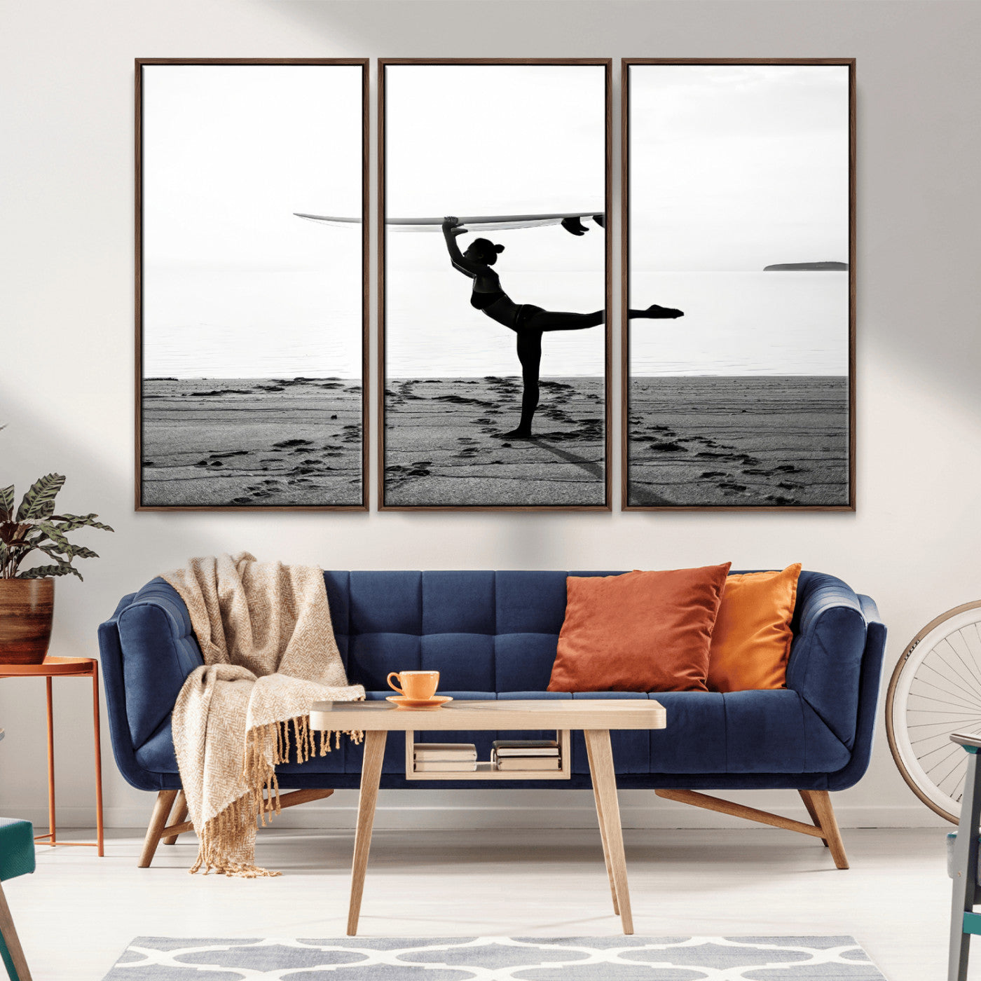 28441356-MGV-FC-48X32-3P_Walnut-Yoga Surf Wall Art Canvas Print, Framed Black White Shore Art Picture Print, Peaceful Ocean Perfect Minimalist Coastal Decor