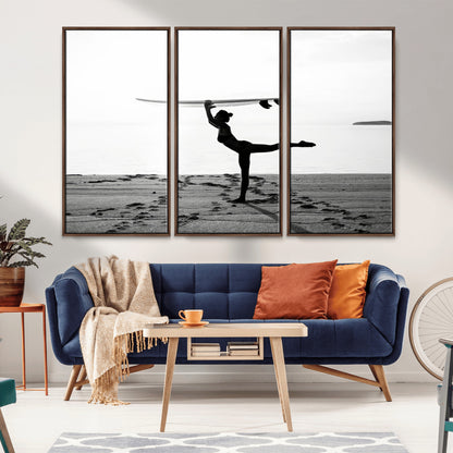 28441356-MGV-FC-48X32-3P_Walnut-Yoga Surf Wall Art Canvas Print, Framed Black White Shore Art Picture Print, Peaceful Ocean Perfect Minimalist Coastal Decor