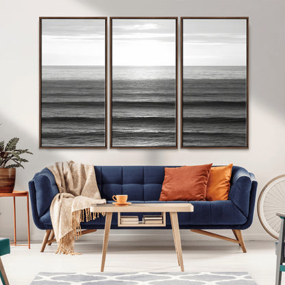 47305203-MGV-FC-48X32-3P_Walnut-Monochrome Ocean Wall Art Canvas Print, Framed Moody Ocean Art Picture Print, Calm Ocean Perfect Minimalist Coastal Decor Artwork