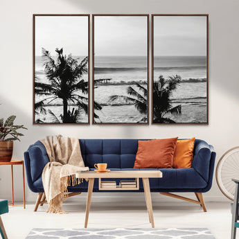 17508038-MGV-FC-48X32-3P_Walnut-Tropical Coastline Wall Art Canvas Print, Framed Palm Trees Art Picture Print, Ocean Waves Perfect Minimalist Coastal Decor