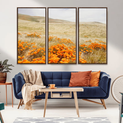 28972262-MGV-FC-48X32-3P_Walnut-Golden Wildflowers Wall Art Canvas Print, Framed Hills Bloom Art Picture Print, Poppy Meadow Perfect Rustic Nature Decor Artwork