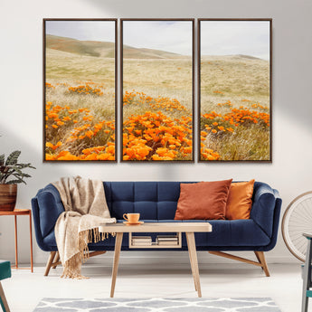 28972262-MGV-CV-36X24-Golden Wildflowers Wall Art Canvas Print, Framed Hills Bloom Art Picture Print, Poppy Meadow Perfect Rustic Nature Decor Artwork