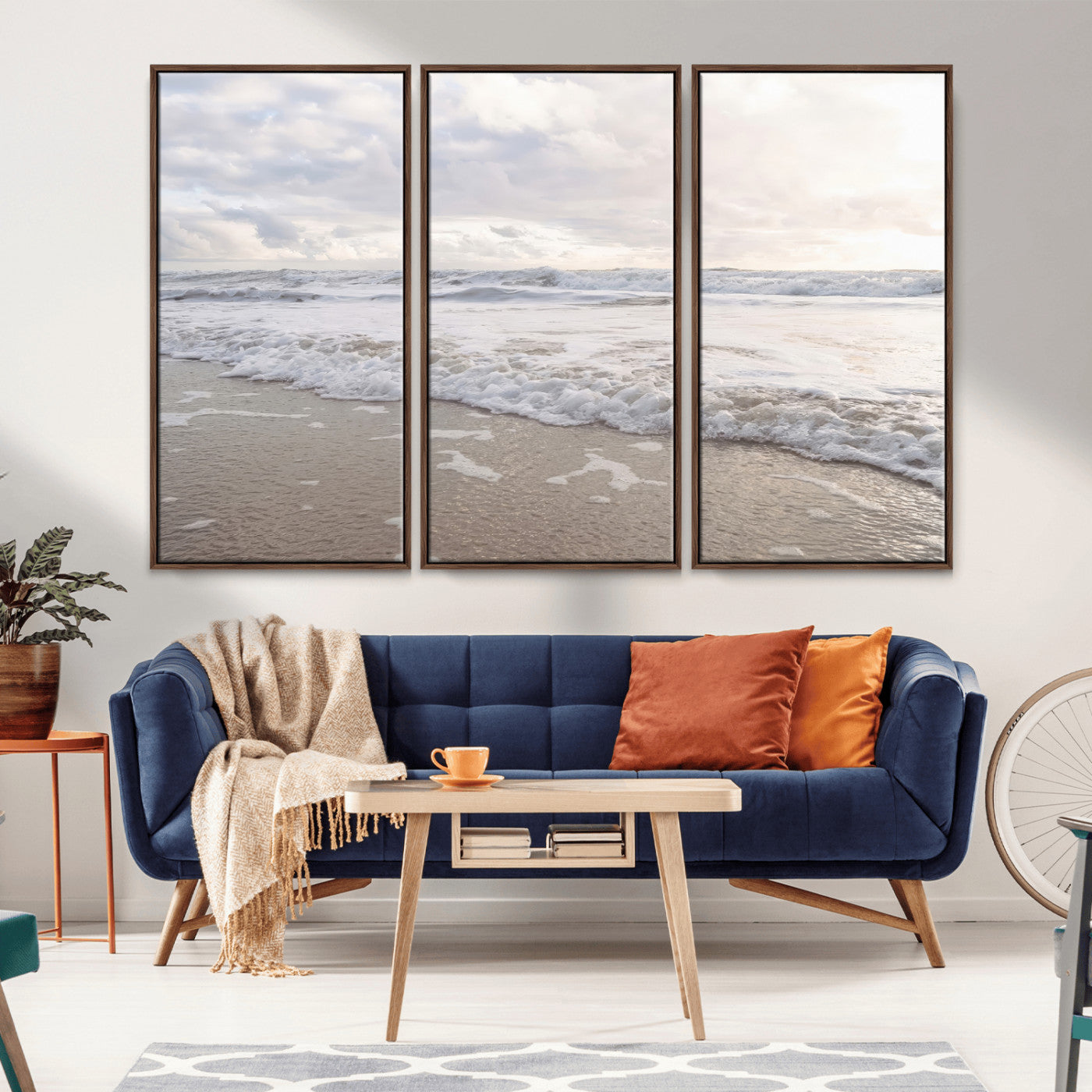 70596264-MGV-FC-48X32-3P_Walnut-Ocean Waves Wall Art Canvas Print, Framed Coastal Shoreline Art Picture Print, Sea Foam Perfect Coastal Minimalist Decor Artwork