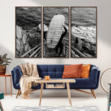 32353707-MGV-FC-48X32-3P_Walnut-Black White Surfing Wall Art Canvas Print, Framed Coastal Surfing Art Picture Print, Wave Riders Perfect Coastal Adventure Decor