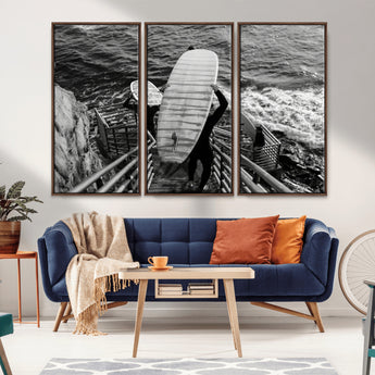 32353707-MGV-FC-48X32-3P_Walnut-Black White Surfing Wall Art Canvas Print, Framed Coastal Surfing Art Picture Print, Wave Riders Perfect Coastal Adventure Decor