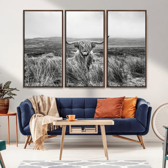 24051061-MGV-FC-48X32-3P_Walnut-Monochrome Highland Cow Wall Art Canvas Print, Framed Scottish Bull Art Picture Print, Lone Cattle Perfect Rustic Farmhouse Decor