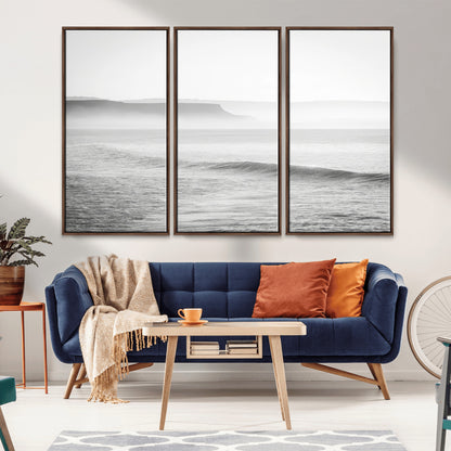 60635783-MGV-FC-48X32-3P_Walnut-Black White Seascape Wall Art Canvas Print, Framed Ocean Waves Art Picture Print, Misty Coastal Perfect Minimalist Coastal Decor