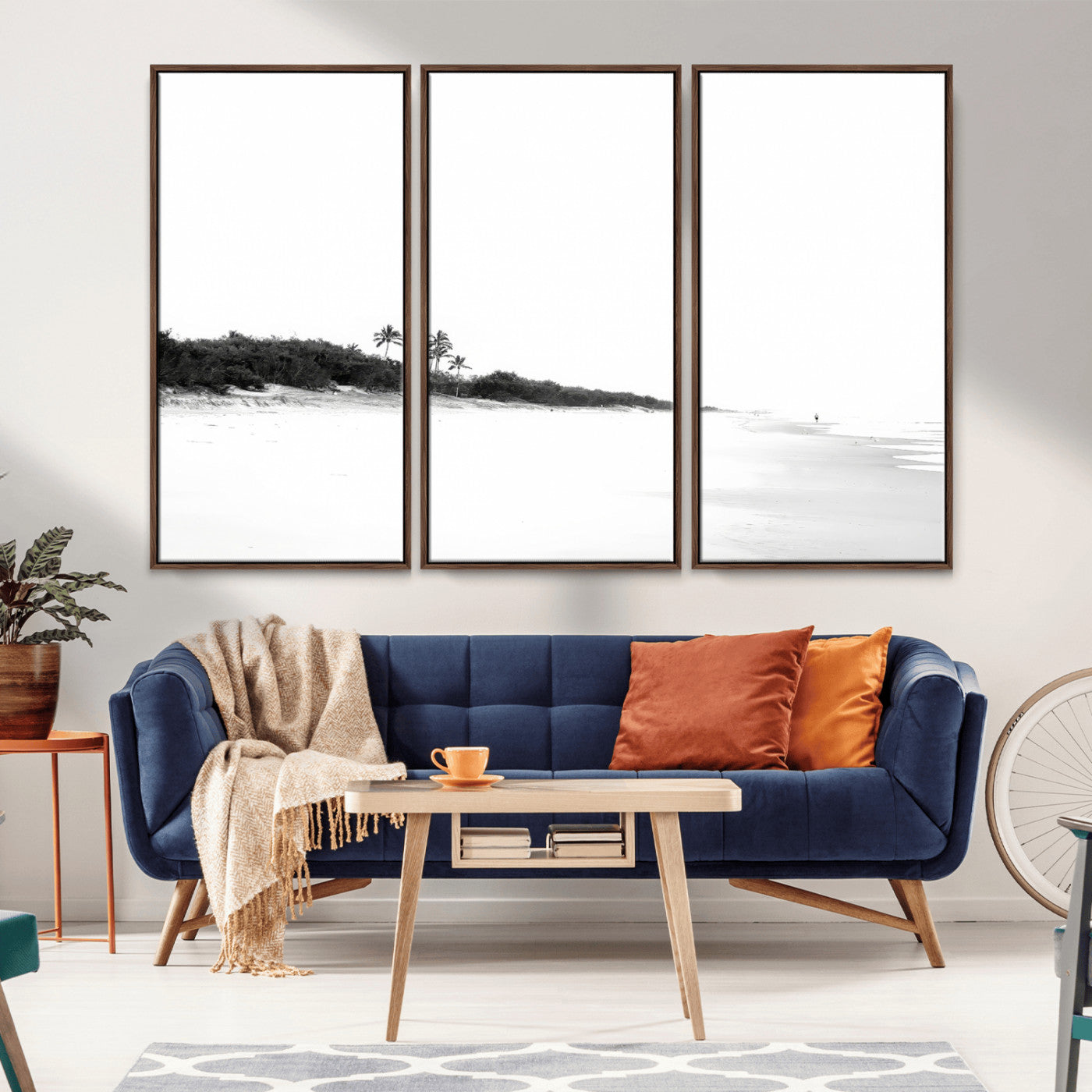 29611516-MGV-FC-48X32-3P_Walnut-Black White Beach Wall Art Canvas Print, Framed Palm Trees Art Picture Print, Monochrome Tropical Perfect Minimalist Coastal Decor