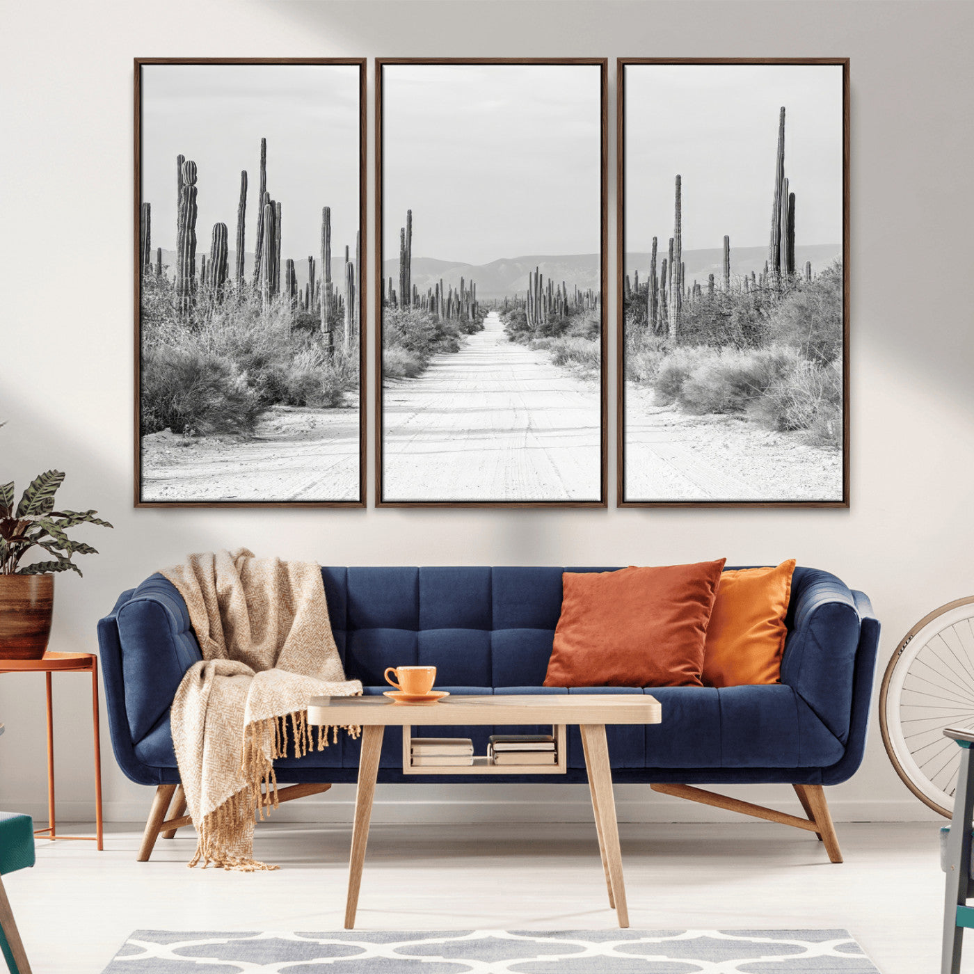 35537313-MGV-FC-48X32-3P_Walnut-Monochrome Desert Wall Art Canvas Print, Framed Cactus Path Art Picture Print, Southwestern Landscape Perfect Southwestern