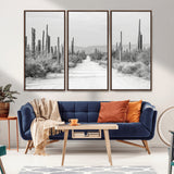 35537313-MGV-FC-48X32-3P_Walnut-Monochrome Desert Wall Art Canvas Print, Framed Cactus Path Art Picture Print, Southwestern Landscape Perfect Southwestern