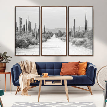 35537313-MGV-FC-48X32-3P_Walnut-Monochrome Desert Wall Art Canvas Print, Framed Cactus Path Art Picture Print, Southwestern Landscape Perfect Southwestern