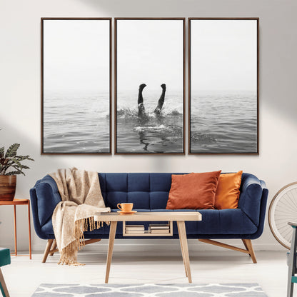 26667396-MGV-FC-48X32-3P_Walnut-Black White Ocean Wall Art Canvas Print, Framed Monochrome Water Art Picture Print, Diving into Water Perfect Minimalist Aquatic
