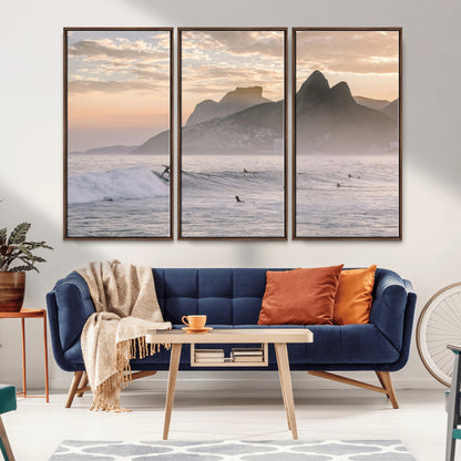 70644906-MGV-CV-36X24-Sunset Surfing Wall Art Canvas Print, Framed Misty Mountains Art Picture Print, Surfer Riding Wave Perfect Coastal Adventure Decor