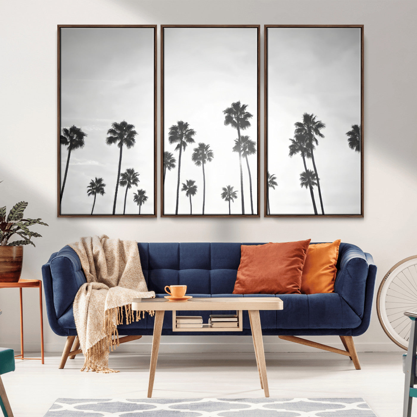 62298277-MGV-FC-48X32-3P_Walnut-Monochrome Palms Wall Art Canvas Print, Framed Minimalist Trees Art Picture Print, Silhouetted Palms Perfect Tropical Minimalist