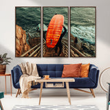 84555848-MGV-FC-48X32-3P_Walnut-Surfer Stairway Wall Art Canvas Print, Framed Ocean Surf Art Picture Print, Sunset Coastal Perfect Coastal Adventure Decor Artwork