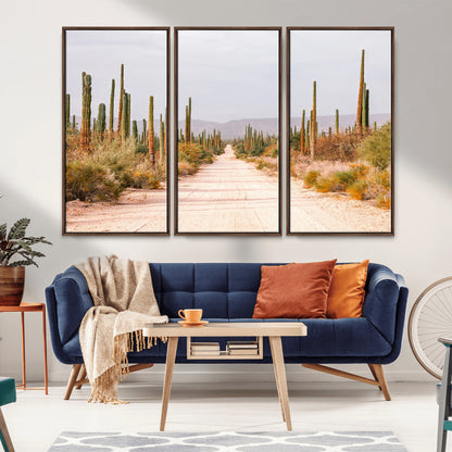 30742780-MGV-FC-48X32-3P_Walnut-Desert Cactus Wall Art Canvas Print, Framed Southwestern Art Picture Print, Bohemian Western Perfect Southwestern Boho Decor