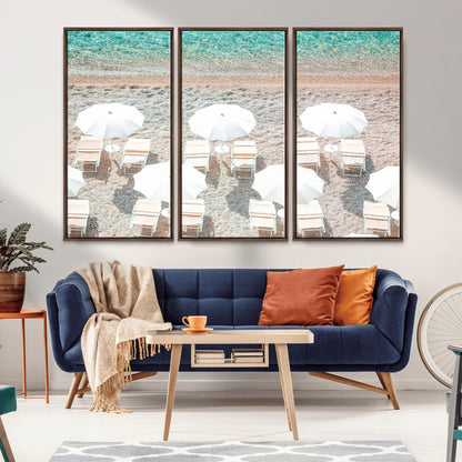 83736167-MGV-FC-48X32-3P_Walnut-Calm Beach Wall Art Canvas Print, Framed Turquoise Water Art Picture Print, Umbrella Shoreline Perfect Coastal Minimalist Decor