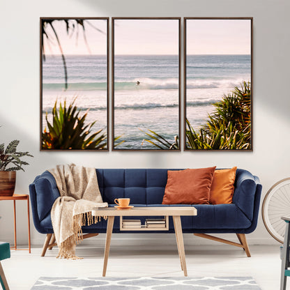 23287092-MGV-FC-48X32-3P_Walnut-Ocean Surfer Wall Art Canvas Print, Framed Coastal Surf Art Picture Print, Tropical Beach Perfect Tropical Coastal Decor Artwork