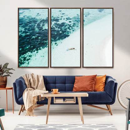 33764764-MGV-FC-48X32-3P_Walnut-Minimal Beach Wall Art Canvas Print, Framed Ocean Swimming Art Picture Print, Clear Ocean Perfect Minimal Coastal Decor Artwork