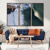37405684-MGV-FC-48X32-3P_Walnut-Nazare Coast Wall Art Canvas Print, Framed Aerial Ocean Art Picture Print, Coastal Fortress Perfect Dramatic Coastal Decor Artwork